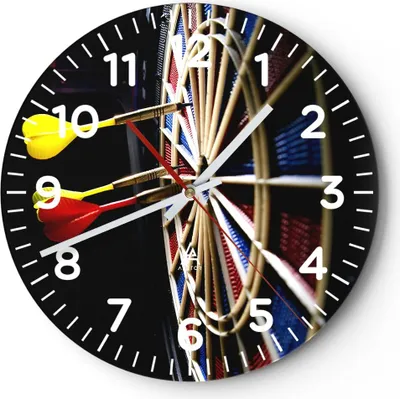 Produktbild von Wanduhr - Rund - Glasuhr - Pfeil Darts Spaß Schild - 40x40cm - Schleichendes Uhrwerk - Lautlos - zum Aufhängen bereit - Dekoration Modern - Wanddekoration aus Glas - C4AR40x40-2199