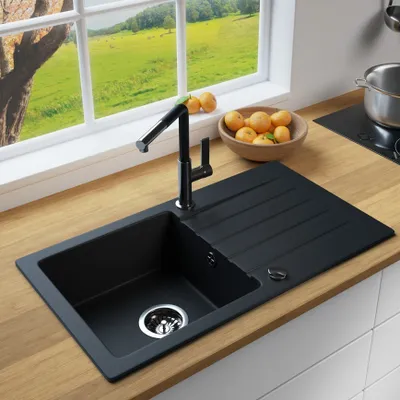 Produktbild von MIT ARMATUR - Rein Schwarz LINDBERGH® Antibakterielle Granit Spüle "MEG44" + "1-Deco" Einbauspüle Küchenspüle Spülbecken