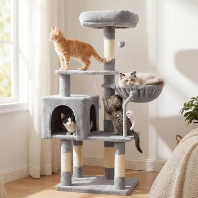 Produktbild von Katzenkratzbaum 111 cm, grau, mit Plattform und Hängematte, für Wohnungskatzen