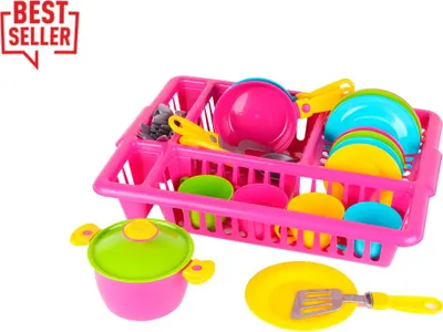 A set of toy kitchen dishes and utensils in a pink dish rack, with a pot and frying pan in the foreground.