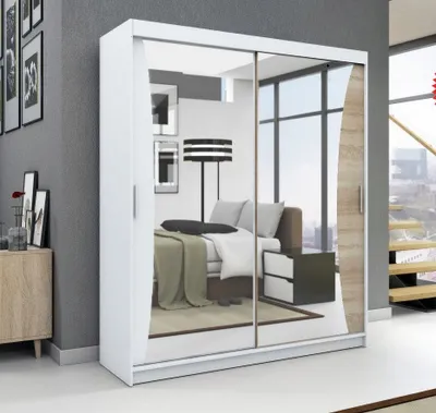 Produktbild von Schwebetürenschrank, 2-türig Schrank mit Spiegel! Moderne Garderobe für Kleidung. Verschiedene Farben (Weiß, Schwarz, Somona) Kleiderschrank NIKO 180 cm