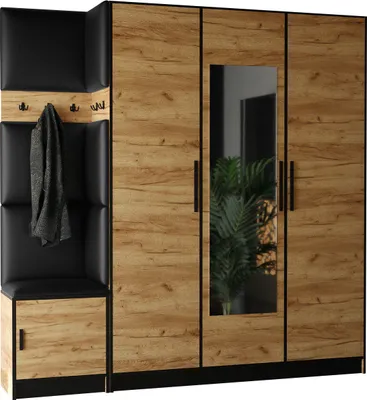 A wardrobe with a mirrored door and a bench with coat hooks.
