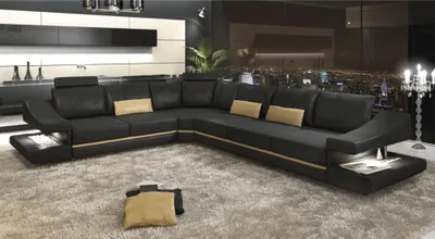 Image de Canapé d'angle en tissu pour salon, forme en L, couleur noire. Canapé d'angle, canapé convertible, meubles rembourrés
