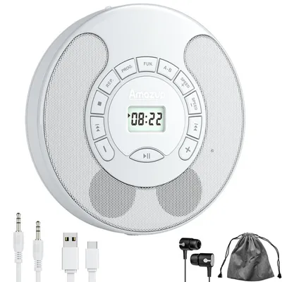 Productafbeelding van ZELURX CD-speler, draagbaar, met USB-aansluiting, ondersteuning voor MP3, CD-R/CD-RW, A-B herhaling, opnamefunctie en een 1500mAh batterij, wit