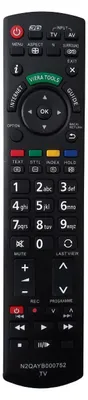 A black remote control with various buttons and labels.