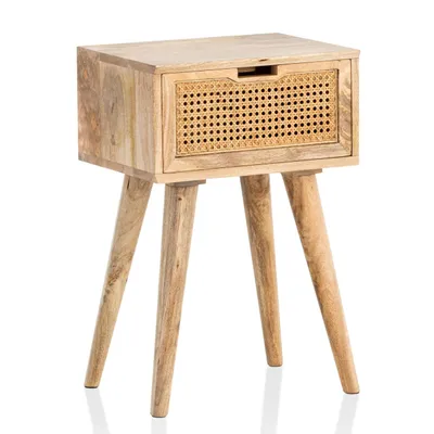 Produktbild von Nachtkonsole Mango Massivholz / Rattan 40x60x30 cm Nachttisch Braun, Nachtkommode Boxspringbett mit Schublade Wiener Geflecht, Nachtkästchen mit Stauraum