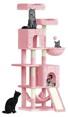 Image de Arbre à chat - Tour d'escalade - 158 cm - 5 niveaux - 7 poteaux à gratter - 2 maisons - 2 hamacs - Rose