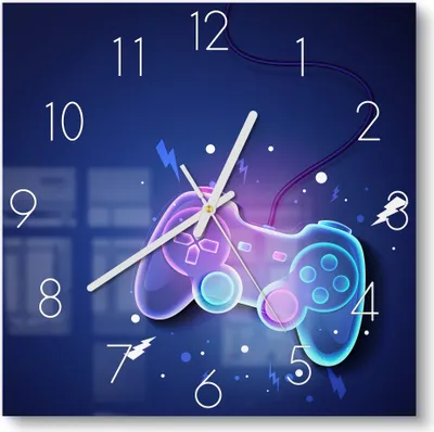 Produktbild von DEQORI Glasuhr 30x30 cm Zahlen 'Neon-Gaming-Dynamik' Wanduhr Glas Uhr Design leise Küchenuhr