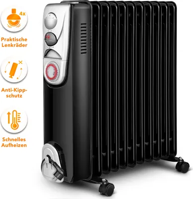 Produktbild von Ardes AR4R11BTE Oillo 11T Elektro-Ölradiator, 11 Heizelemente, Timer, 3 Leistungen, Turbo-Ventilation, mit Rädern, 2500 W, Schwarz und Silber