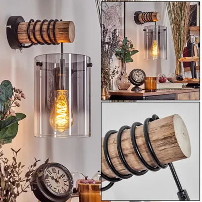 Produktbild von Ayman Wandlampe aus Metall/Holz/Glas in Schwarz/Natur/Rauch/Klar
