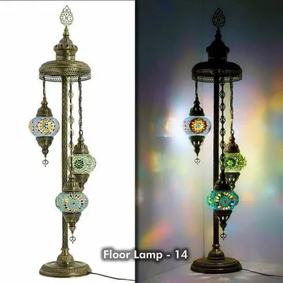 Productafbeelding van Mozaïek Oosterse Lamp - Handgemaakte Turkse staande lamp, hoogte ongeveer 85 cm, met 3 kleurrijke glazen bollen, inclusief E14 LED-lamp