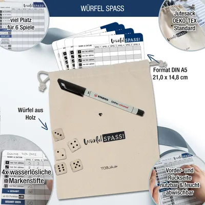 Produktbild von Würfelspiel abwischbar inkl. Stifte, Würfel & Beutel - 4X DIN A5 Blätter wiederverwendbar mit 4 Markenstiften | Baumwoll-Beutel 100 & 5 Holzwürfel