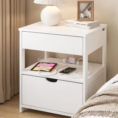 SoBuy Nachttisch FRG258-II-E-W weiß mit Ladefunktion, Tablet und Smartphone auf Mittelboden im Schlafzimmer