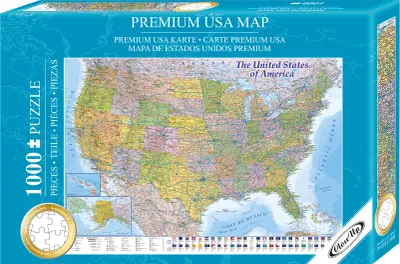 The image shows the front of a puzzle box for a USA map.