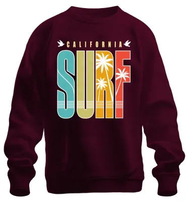 Productafbeelding van California Surf, Palmen, Strand, Vakantie, Surfen, Zomer, Oceaan, Sweater, Trui, Bourgogne, 3XL