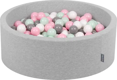 Zdjęcie produktu dla KiddyMoon suchy basen okrągły z piłeczkami 7cm jasnoszary: biały-szary-mięta-pudrowy róż 90x30cm/200piłek zabawka basen piankowy