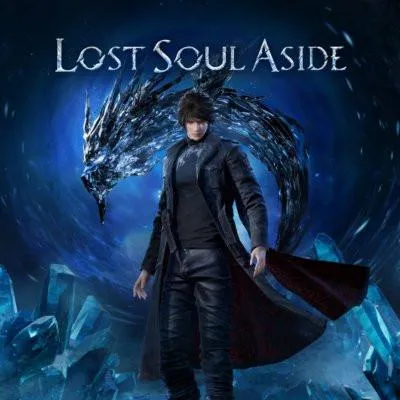 A man in a black coat stands in front of a dragon-like creature with blue icy crystals in the background.