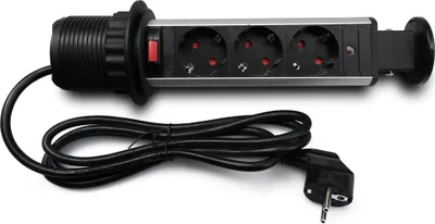 A retractable power strip with three sockets and a power cord is shown against a white background.