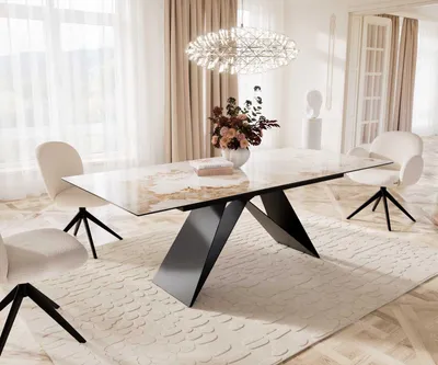 Produktbild von DELIFE Esstisch Edge 180-220x100 Keramik Minas Melange Weiß-Beige V-Gestell Flachstahl Schwarz ausziehbar
