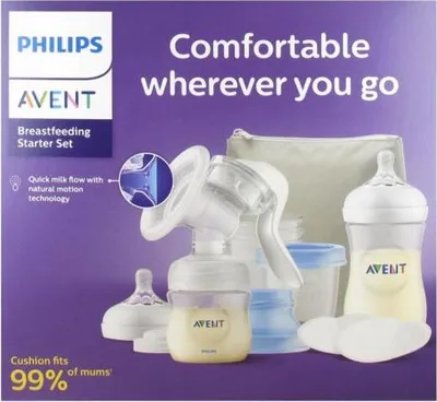 A Philips Avent Breastfeeding Starter Set is displayed against a purple background, showcasing the components of the set.