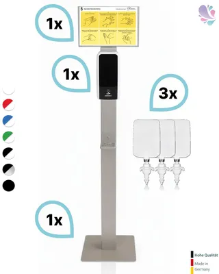 Produktbild von SET: Desinfektionsspender SENSOR Cosmos +Bodenständer Edelstahl +Infotafel +3x 1-Liter Hautdesinfektion +prof. Hygieneplan : Farbe - Schwarz / Weiß Farbe: Schwarz / Weiß