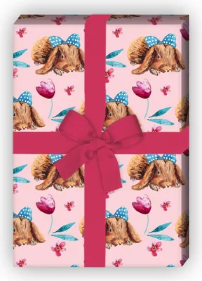 Produktbild von Niedliches Oster Geschenkpapier mit Osterhasen mit Schleife, Blumen, rosa - G8081, 32 x 48cm