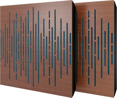 Imagen del producto de Juego de 6 paneles acústicos WAVE de terciopelo, 50x50x5 cm, color nogal/azul – incluye kit de montaje