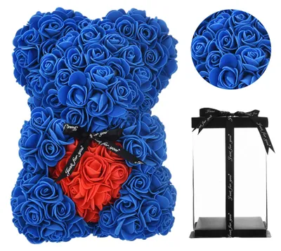 Teddybär aus Kunstblumen in Geschenkbox, königsblau, 25 cm
