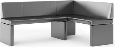 A gray L-shaped bench with a clean, minimalist design, set against a white background.