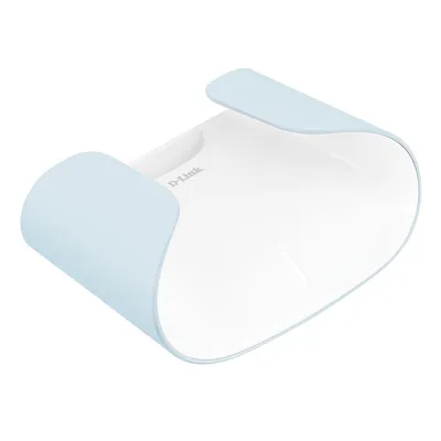 A white and light blue D-Link mesh router is shown against a white background.