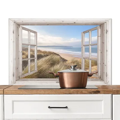 Produktbild von KitchenYeah® Spritzschutz Küche - Küchenrückwand - Wandschutz für Herd und Spüle - Durchblick - Strand - Meer - Dünen - Strandgras - Sand - Blau 100x65 - Alu-Dibond (Alternative zum Spritzschutz aus