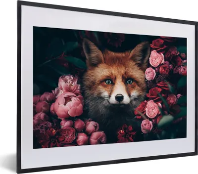 Produktbild von MuchoWow® Gerahmtes Poster Fuchs - Blumen - Tiere 40x30 cm - Poster mit Schwarzem Bilderrahmen Wandposter Rahmen Foto Bilder - Bilderrahmen - Poster im Rahmen