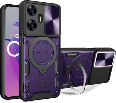 Produktbild von Handyhülle für Realme C55 Dual-Layer Stoßfest Rüstung Hülle mit Dia Kameraschutz und Kreisförmig Ring Ständer Lila
