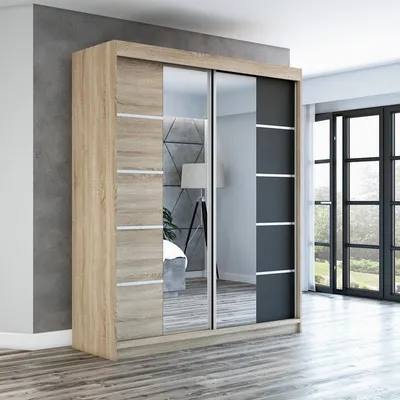 Produktbild von Schwebetürenschrank Kleiderschrank ERA 180 cm Schrank Garderobe Spiegel.Verschiedene Farben (Weiß, Schwarz, Somona). Möbel vom Hersteller!