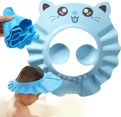 Produktbild von Duschhaube Kinder Badekappe Verstellbar, Duschhaube Kinder, Kinder Shampoo Kappe, Haare Waschen Kinderschutz, Baby Duschhaube Katze Blau