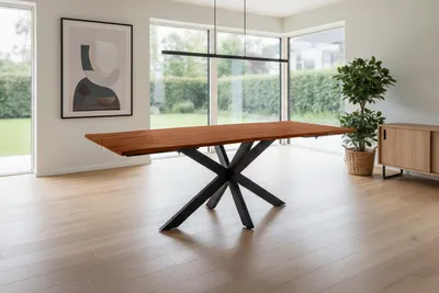 Produktbild von Esstisch mit Ansteckplatten 160(260)x90 cm Baumkante Akazie nussbaum Spider-Gestell schwarz AVINO