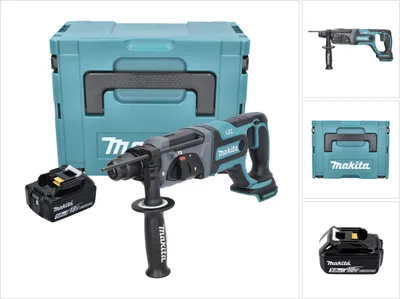 A cordless rotary hammer drill with a battery and a teal storage case.