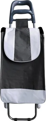 A shopping trolley bag with a black, gray, and white pattern, shown from the front.