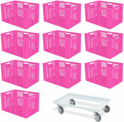 Produktbild von 10 Euroboxen, 600x400x410 mm, lebensmittelecht, pink + 1 Transportroller, weiß