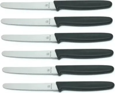 Produktbild von 6 Stück Tafelmessser 10299 Menümesser Tischmesser Buttermesser Brötchenmesser / Klinge Eldelstahl rostfrei Wellenschliff / Griffe Kunststoff schwarz
