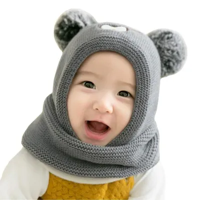 Produktbild von Baby Schlupfmütze Bär Strickmütze mit Bommel Fleecefutter 3-18 Monate Grau