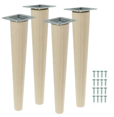 Four wooden furniture legs with metal top plates and a pile of screws, all against a white background.