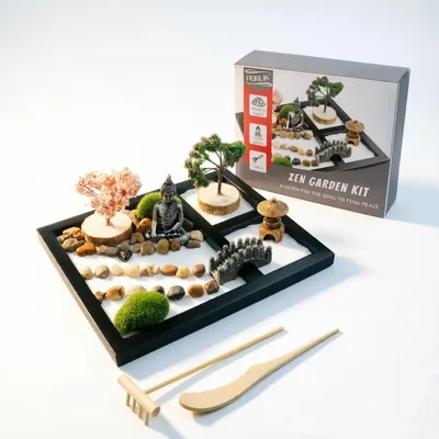 Produktbild von Zen-Garten Sandgarten Miniatur-Zengarten - 9 x 7 Zoll - Weißer Sand - Bonsai Harke Steine Buddha-Figur - Für Schreibtisch und Büro
