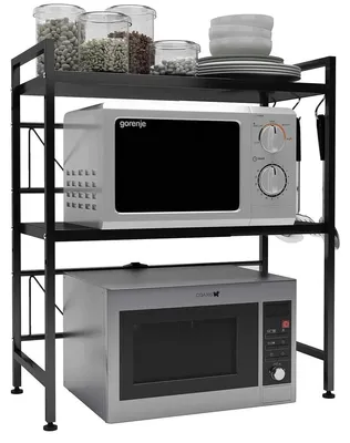 Image de Étagère pour micro-ondes - Rangement de cuisine - 3 niveaux - Réglable - Acier - Avec 6 crochets - Noir