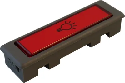 A product shot of a gray and red light switch with a lightbulb icon.