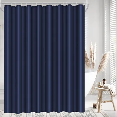 Image de Rideau de douche en polyester, 240 x 200 cm, résistant à la moisissure, imperméable et lavable, avec 16 crochets, bleu marine.