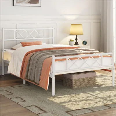 Produktbild von Yaheetech Metallbett Bettgestell mit Kreuzdesign Kopfteil, 90 x 200 cm Bettrahmen, Weiß