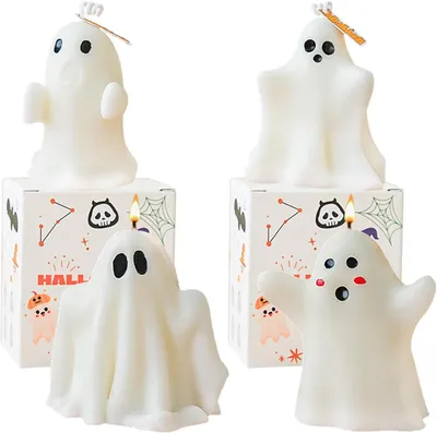 Produktbild von 4er-Set Halloween-Duftkerzen, Sojawachs, Kerzenset mit Geistermotiv, Geschenk, Brenndauer 28 Stunden