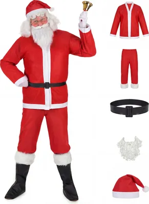 A collage of a Santa Claus costume for adults, showing a model wearing the costume and individual components of the costume.