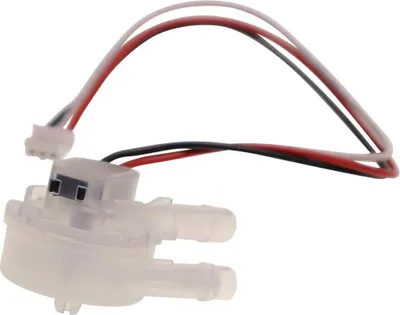A close-up studio shot of a flow meter with attached wires.
